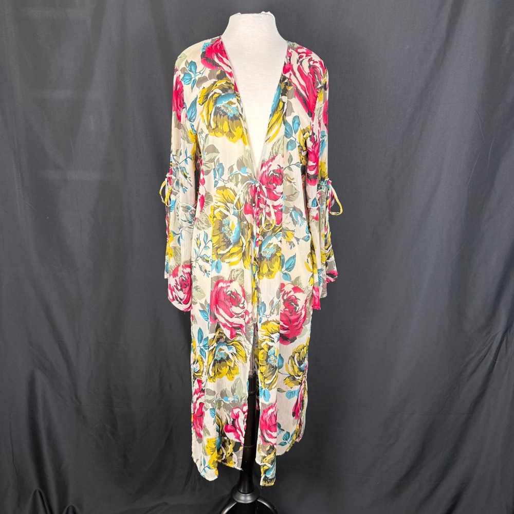Band of Gypsies Floral Sheer Kimono Duster Boho Maxi Cardigan Size Medium EUC